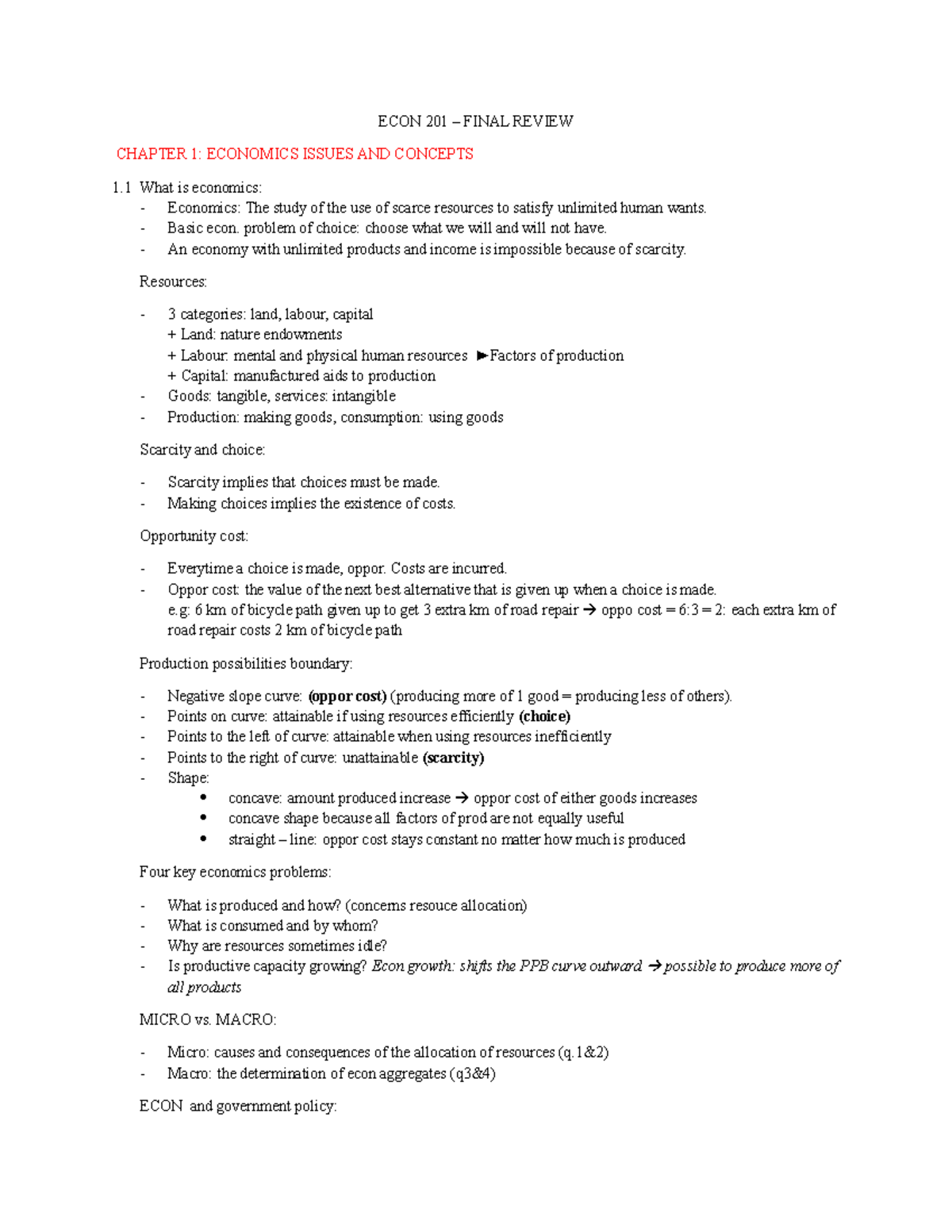 ECON 201 Final Review - Chapter 1-5 - ECON 201 – FINAL REVIEW CHAPTER 1 ...