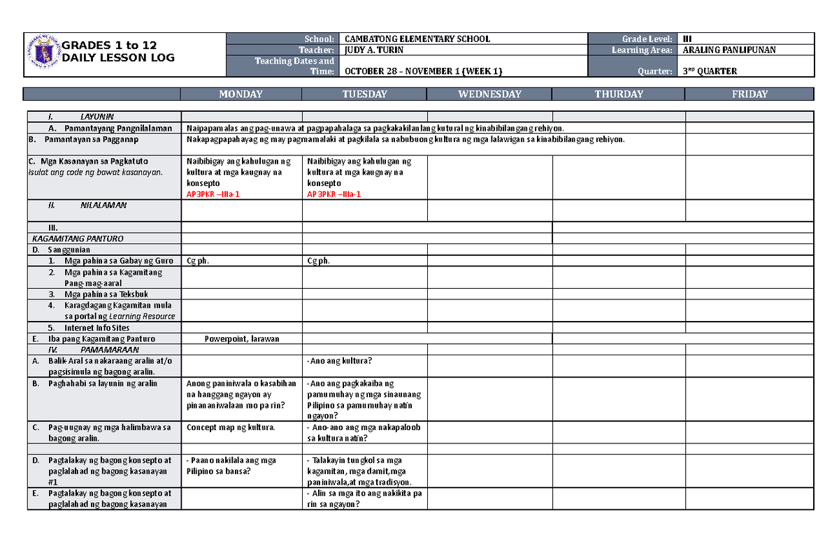 DLL Araling Panlipunan 3 Q3 W1 - GRADES 1 to 12 DAILY LESSON LOG School ...