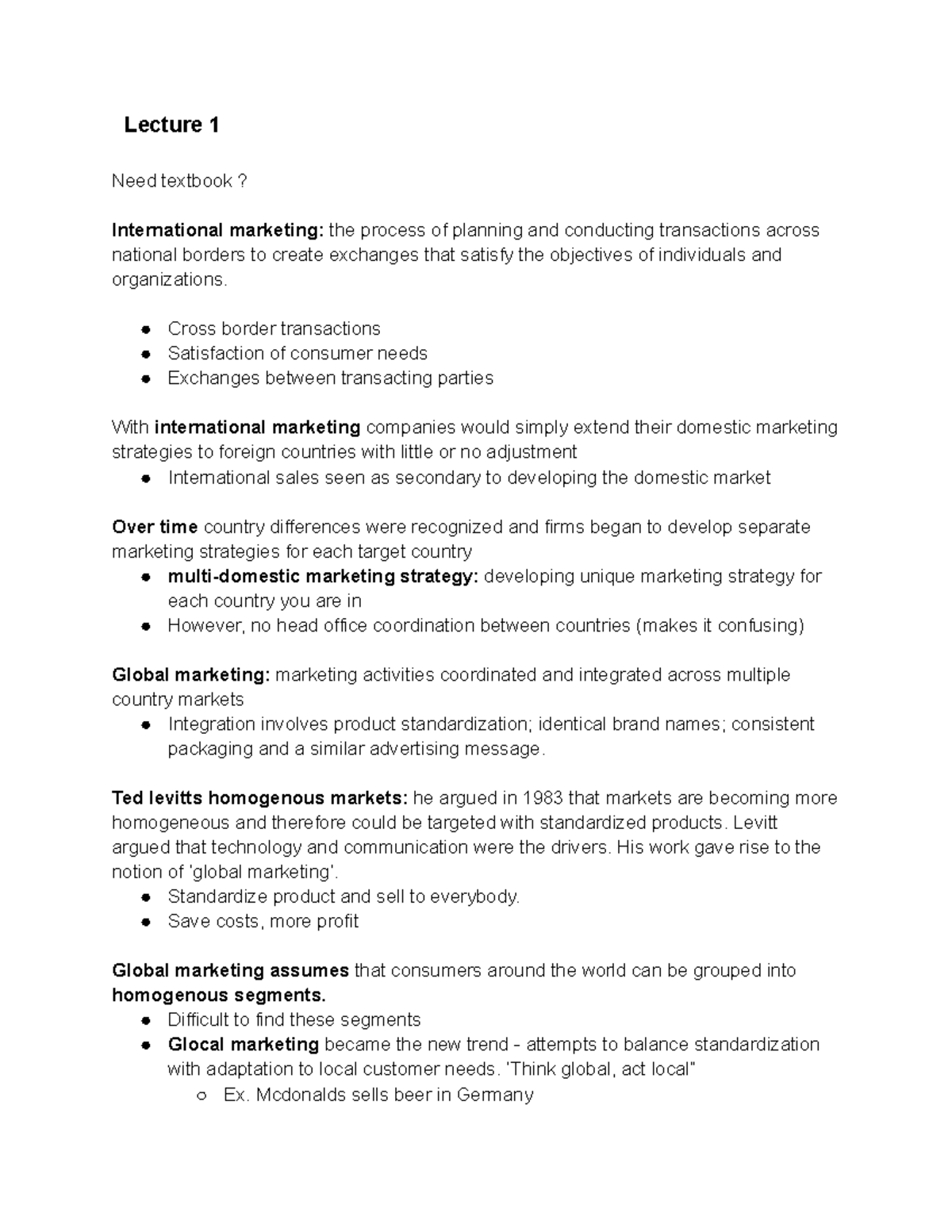 GMS 522 - NOTES - Lecture 1 Need textbook? International marketing: the ...