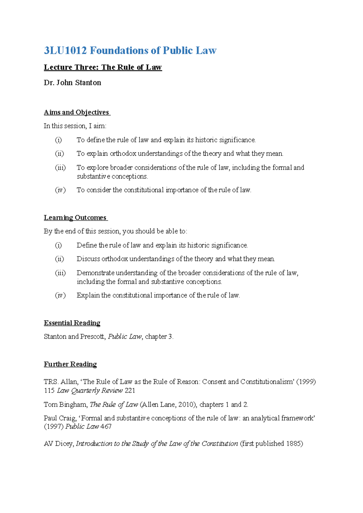 Rule of Law - Lecture 3 - 3LU1012 Foundations of Public Law Lecture ...