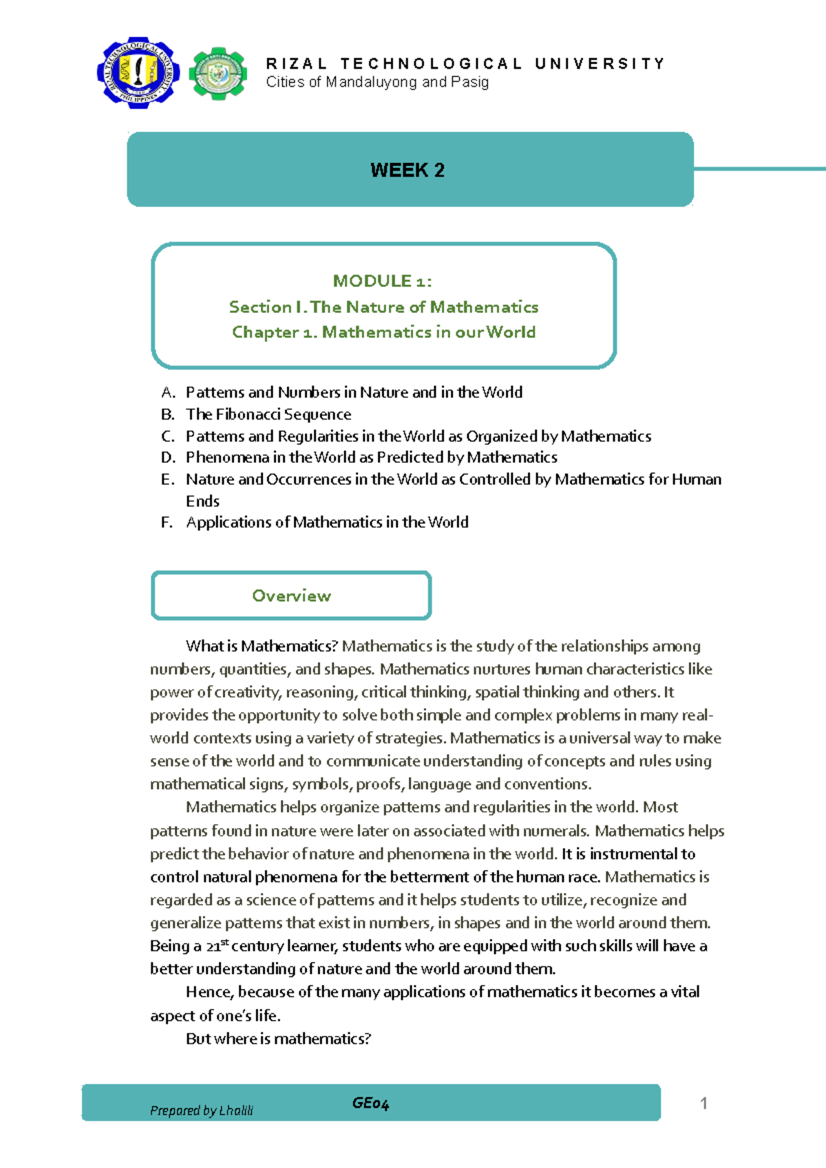 Module 1 Mathematics IN OUR World - A. Patterns And Numbers In Nature ...