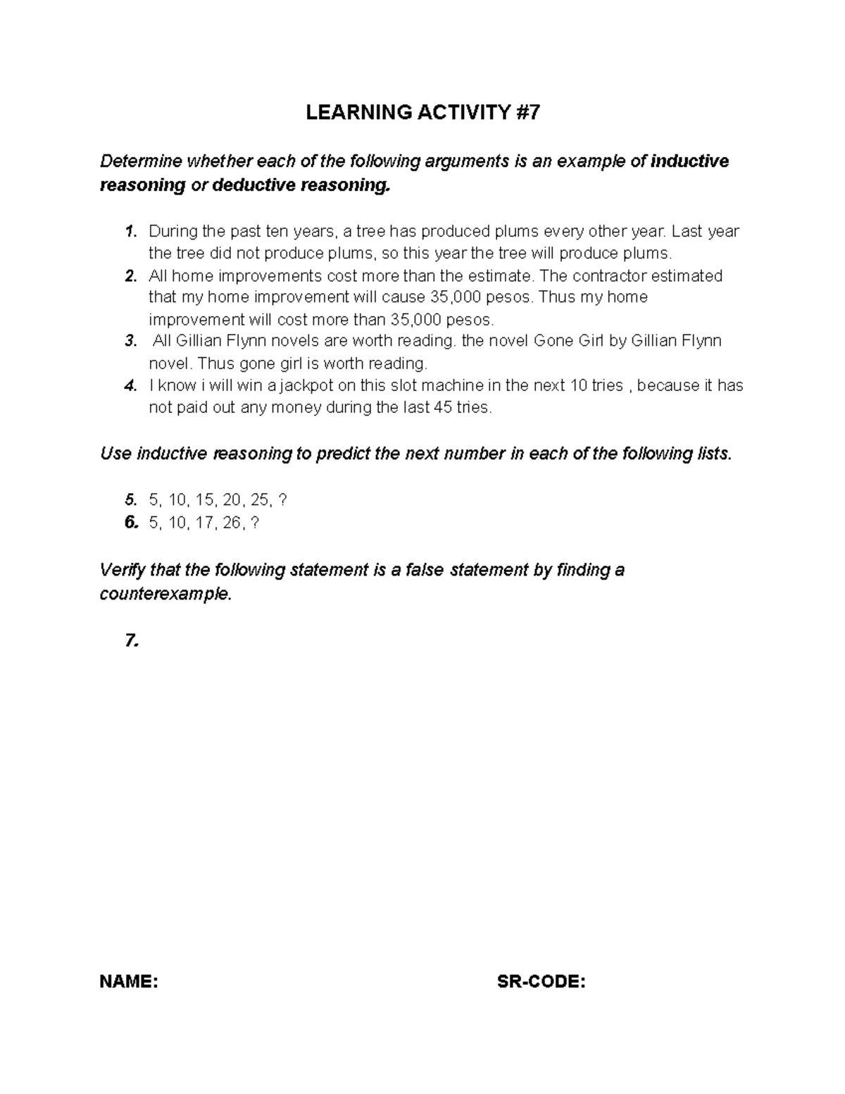 Learning Activity #7 - LEARNING ACTIVITY Determine Whether Each Of The ...