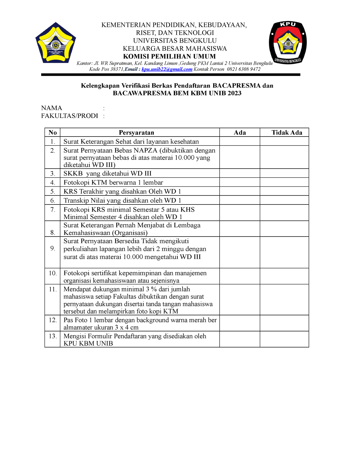 Kelengkapan Verifikasi Berkas Pendaftaran Capresma KBM UNIB 2023 ...