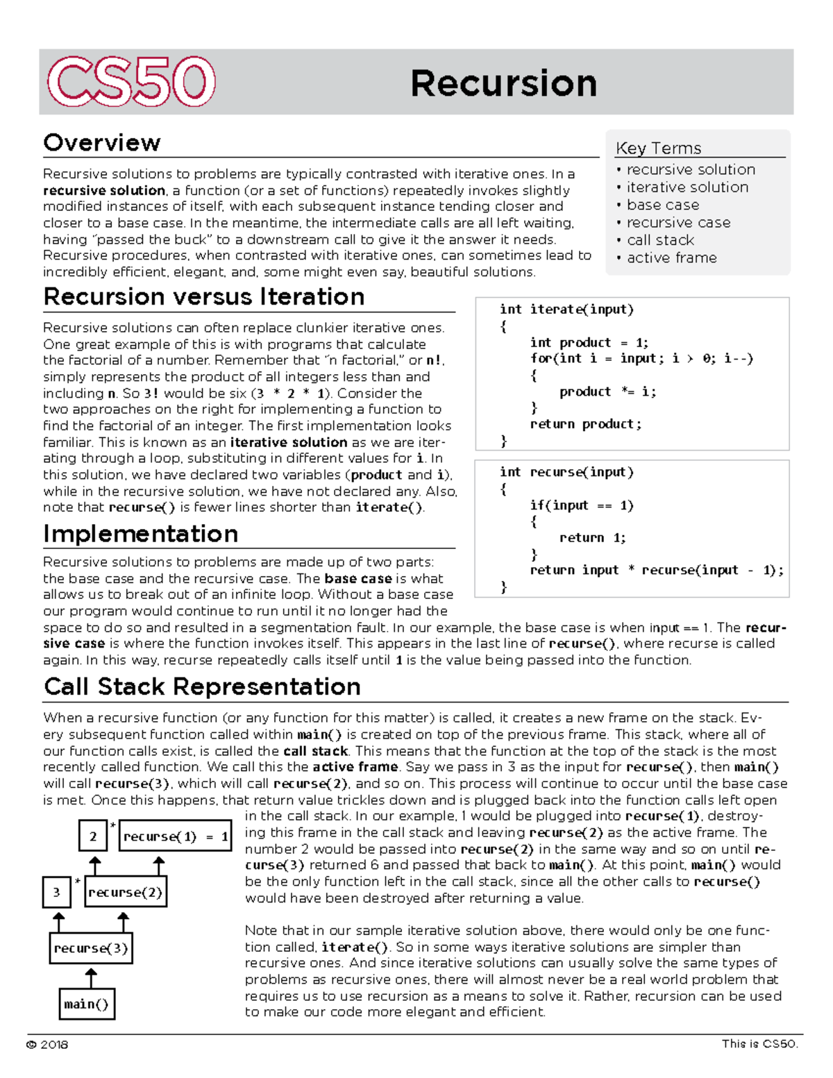 Recursion - CS © 2018 This is CS50. Recursion main() recurse(3) 3 ...