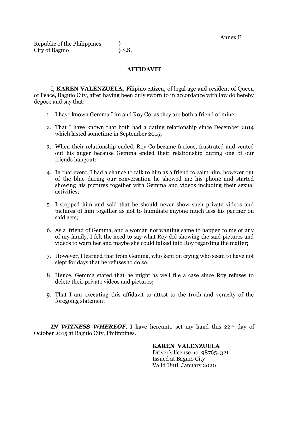 Sample Sworn Affidavit Of A Witness Philippines Legal Forms Uc