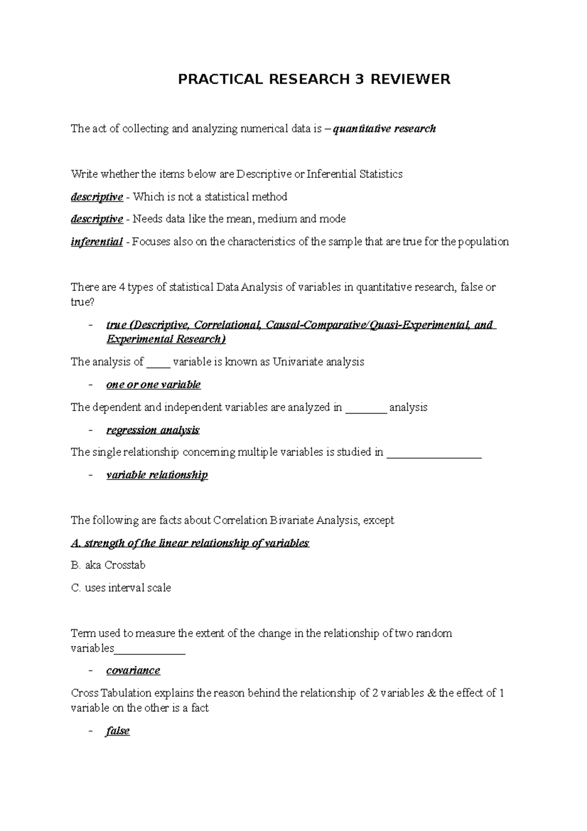 Pr3 reviewer with answers - PRACTICAL RESEARCH 3 REVIEWER The act of ...