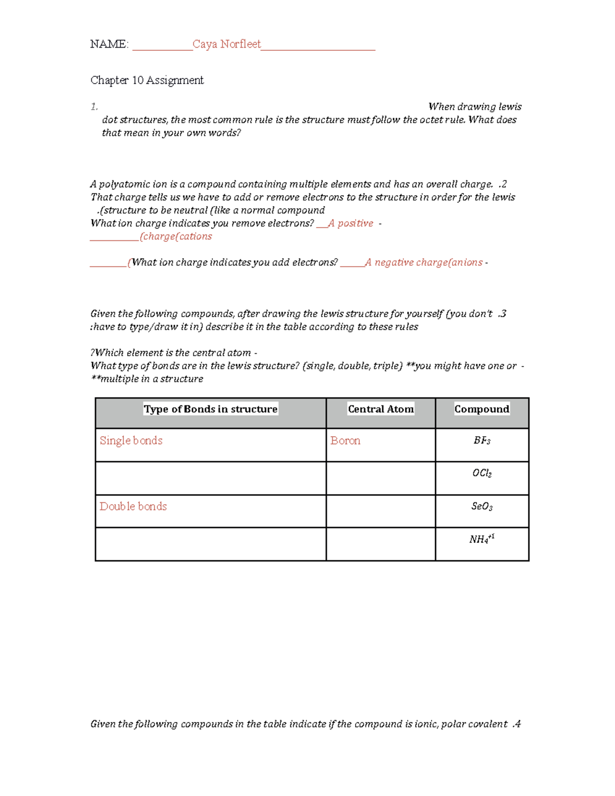 151CH10 Chemistry ch.10 coursework NAME Caya Norfleet