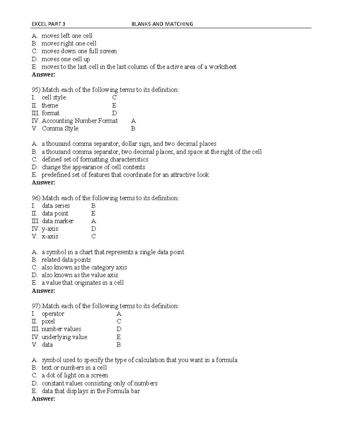 Excel-4 - Exam - EXCEL PART 3 BLANKS AND MATCHING A. Moves Left One ...