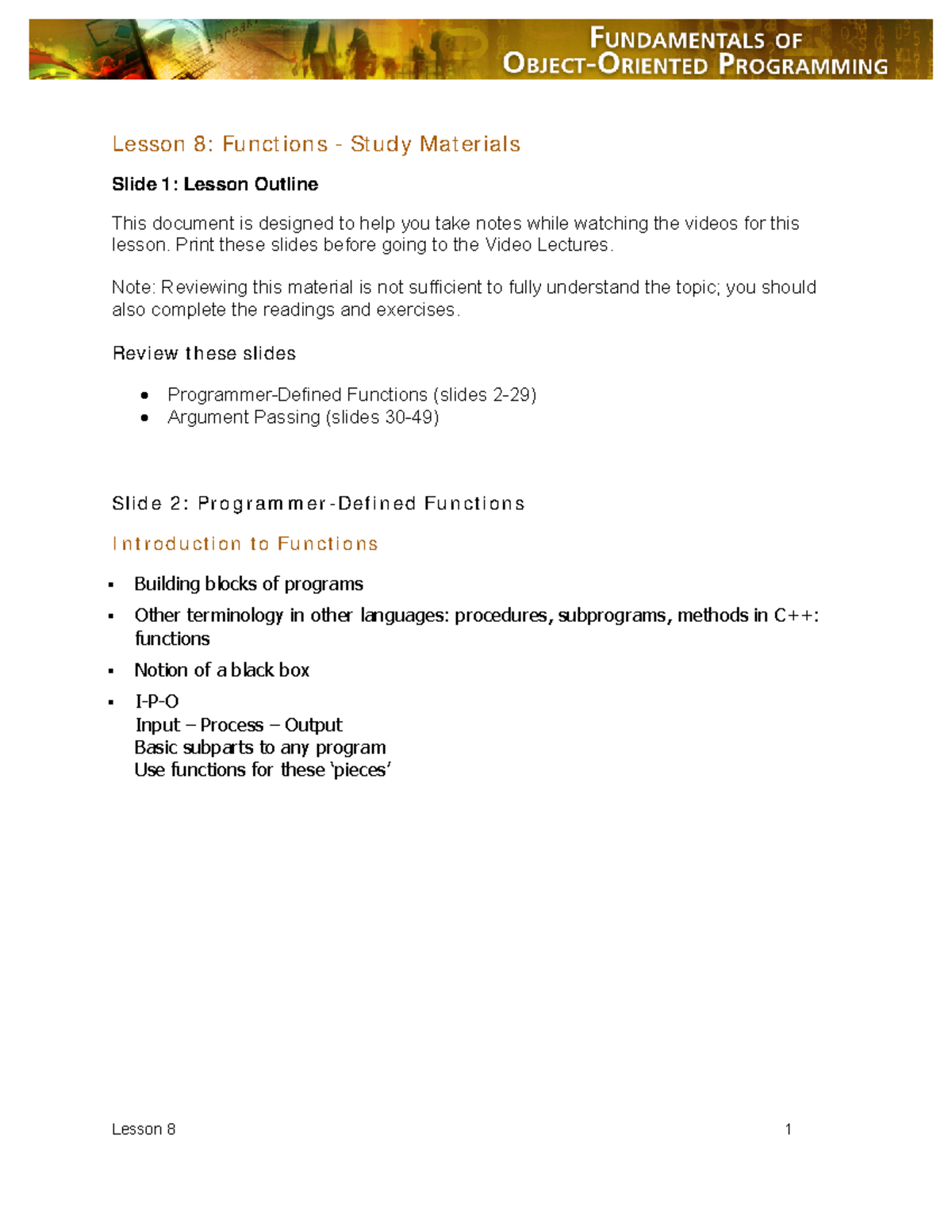 Lesson 8 COMP218 ppt - Lesson 8: Funct ions - Study Materials Slide 1 ...