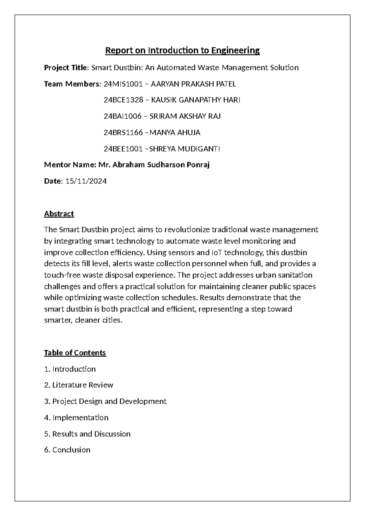 Report on Introduction to Engineering-2 - Report on Introduction to ...