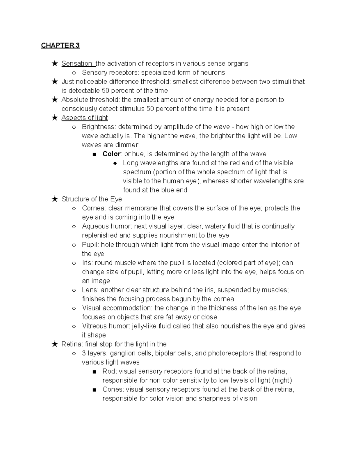 PSY Chapter 3 - notes - CHAPTER 3 ★ Sensation: the activation of ...