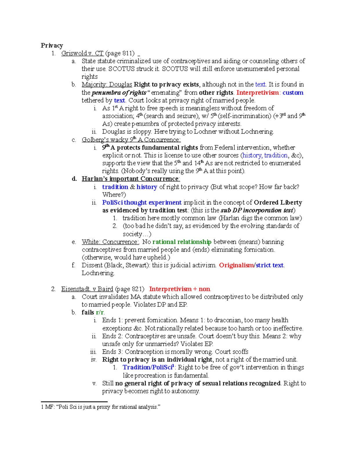 Constitutional Law Prof. Cruz 2 Privacy 1. Griswold v. CT (page 811