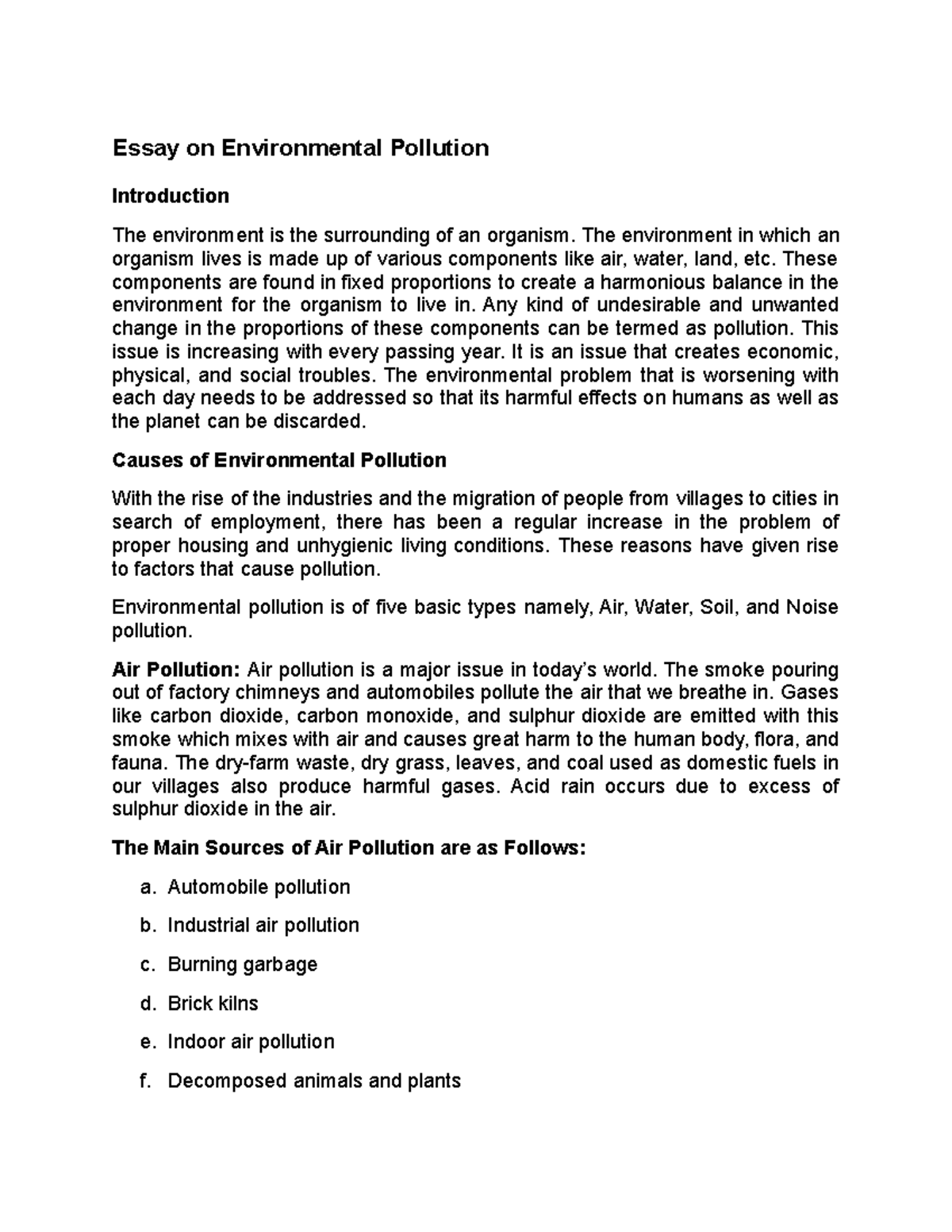 effects of pollution on human health essay