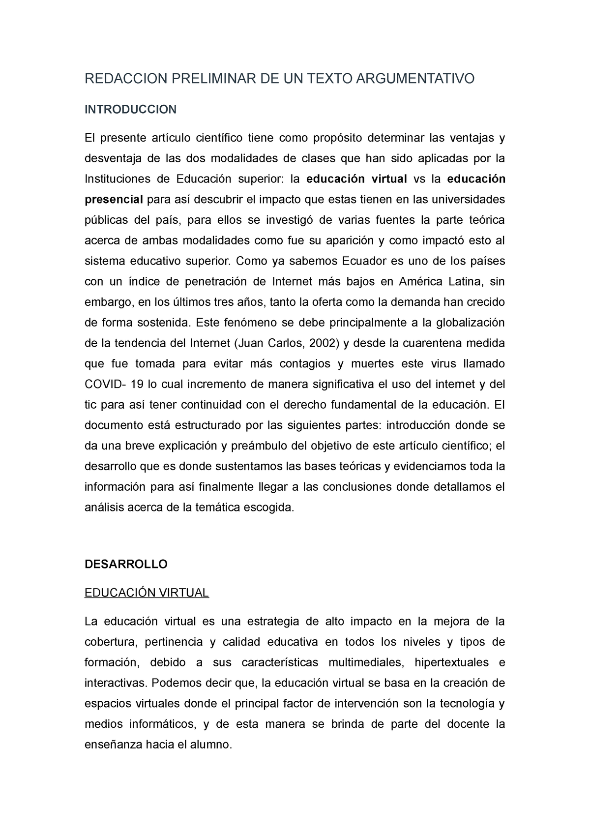 Redaccion Preliminar DE UN Texto Argumentativo - REDACCION PRELIMINAR ...