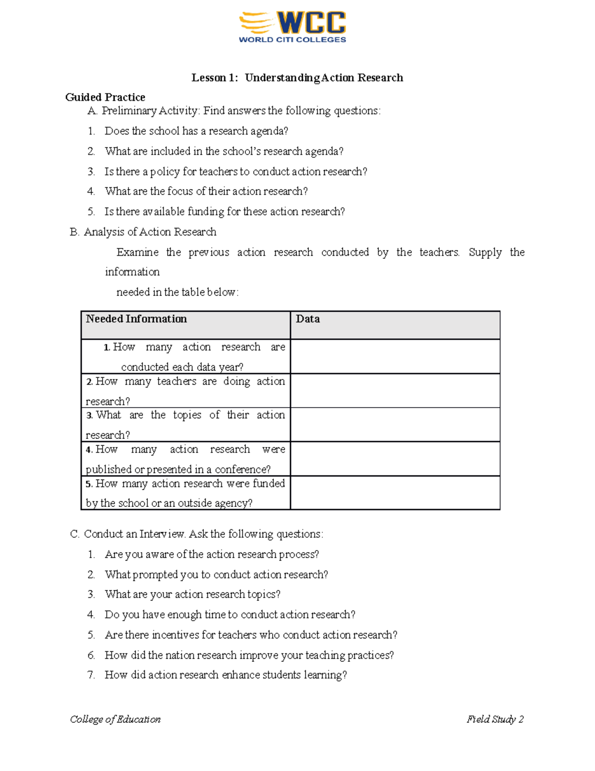 FS2 Chapter 1 - Lesson 1: Understanding Action Research Guided Practice ...