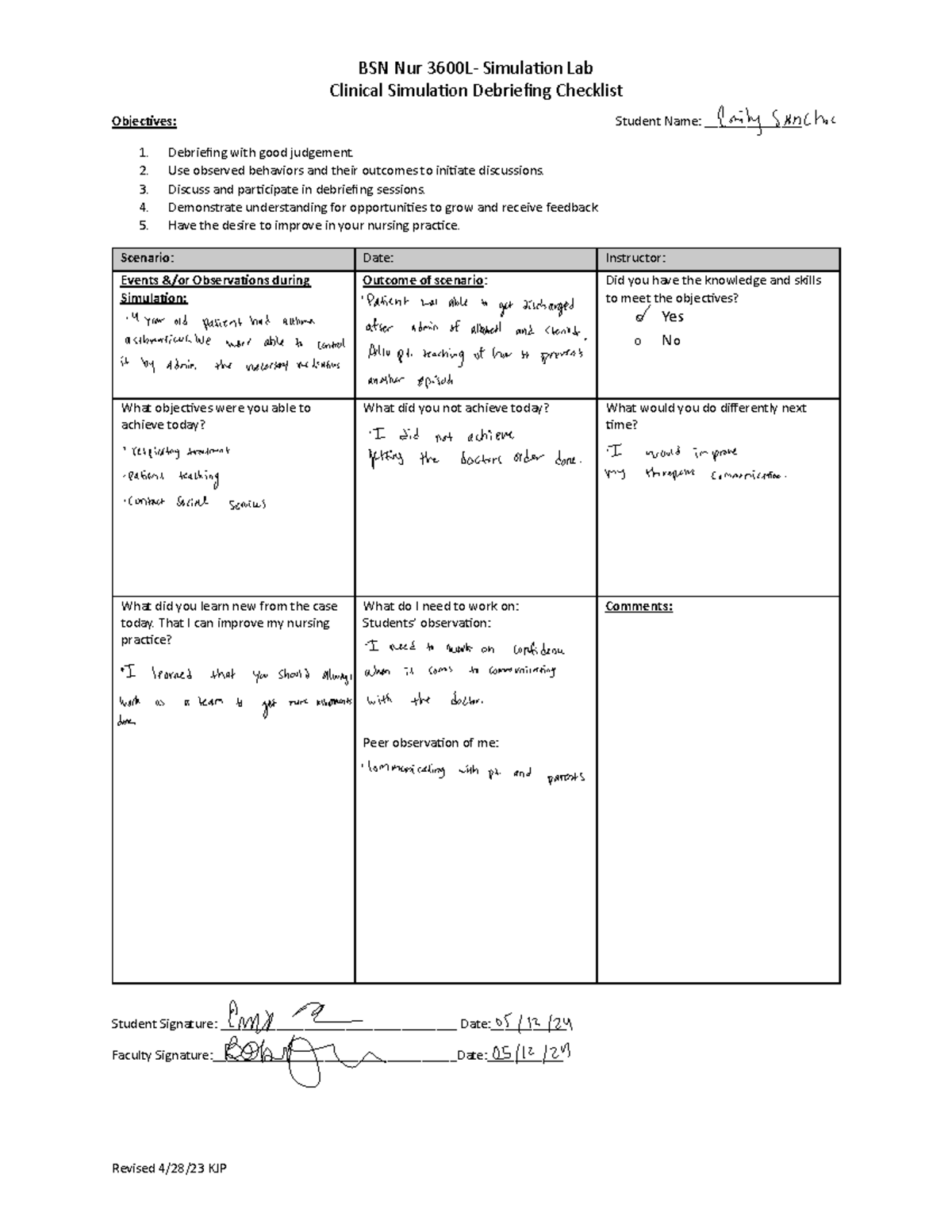 Nur 3600L Clinical Simulation Lab Debriefing Checklist pdf - BSN Nur ...