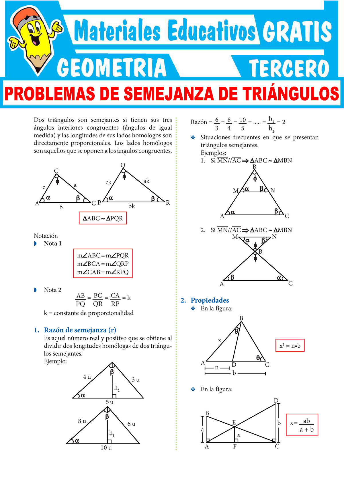 Problemas De Semejanza De Triángulos Para Tercer Grado De Secundaria Dos Triángulos Son 8528