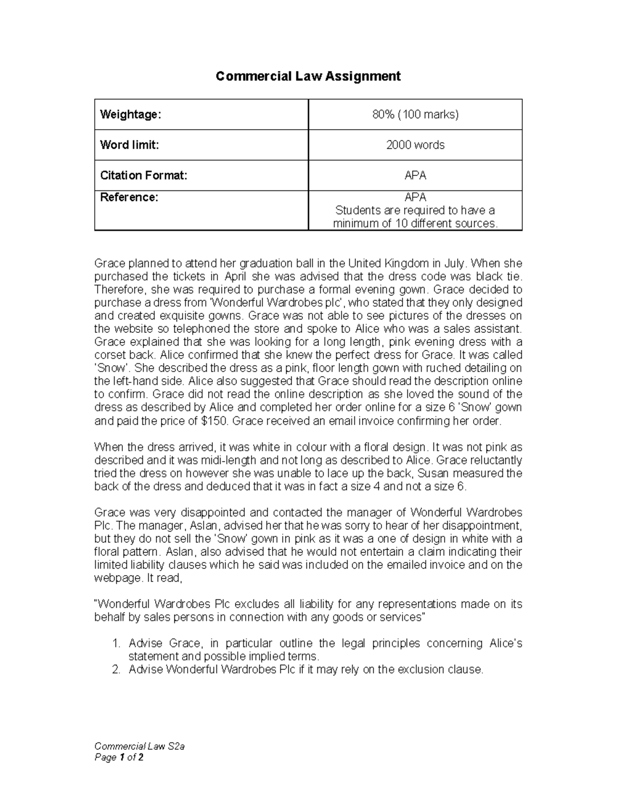 Commercial Law Assignment Commercial Law S2a Page 1 Of 2 Commercial Law Assignment Weightage 9830