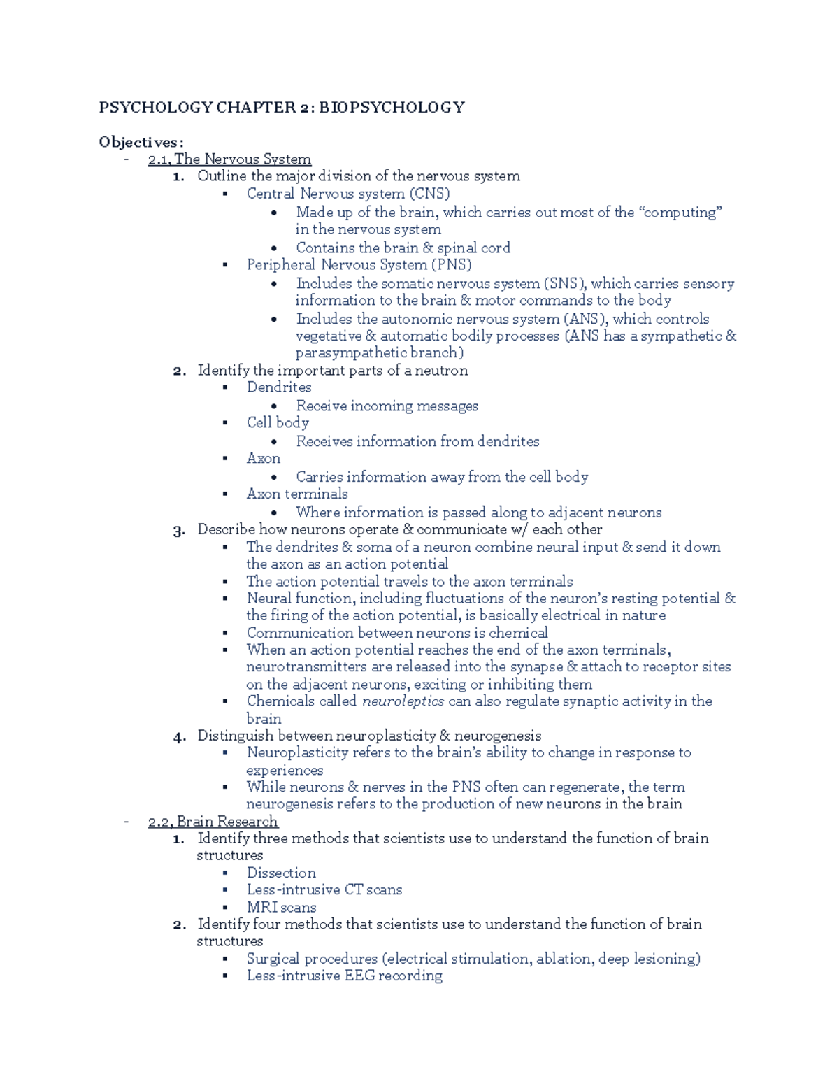 Psych ch 2 biopsychology - PSYCHOLOGY CHAPTER 2: BIOPSYCHOLOGY ...