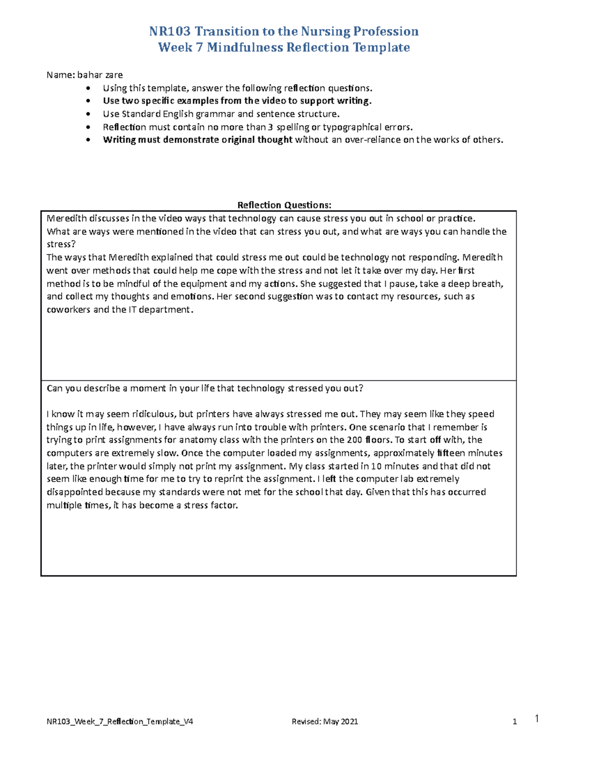 WK+7+ Reflection+ - NR103 Transition to the Nursing Profession Week 7 ...