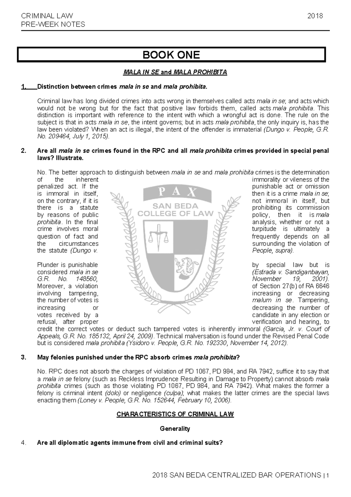 PW Criminal CRIMINAL LAW 2018 PRE WEEK NOTES MALA IN SE And MALA 