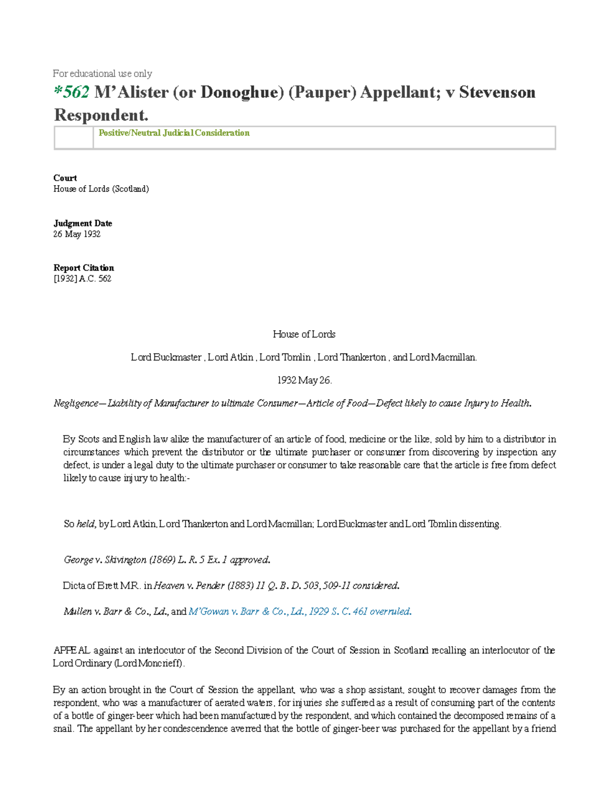 Donoghue v Stevenson Law Report - For educational use only *562 M ...