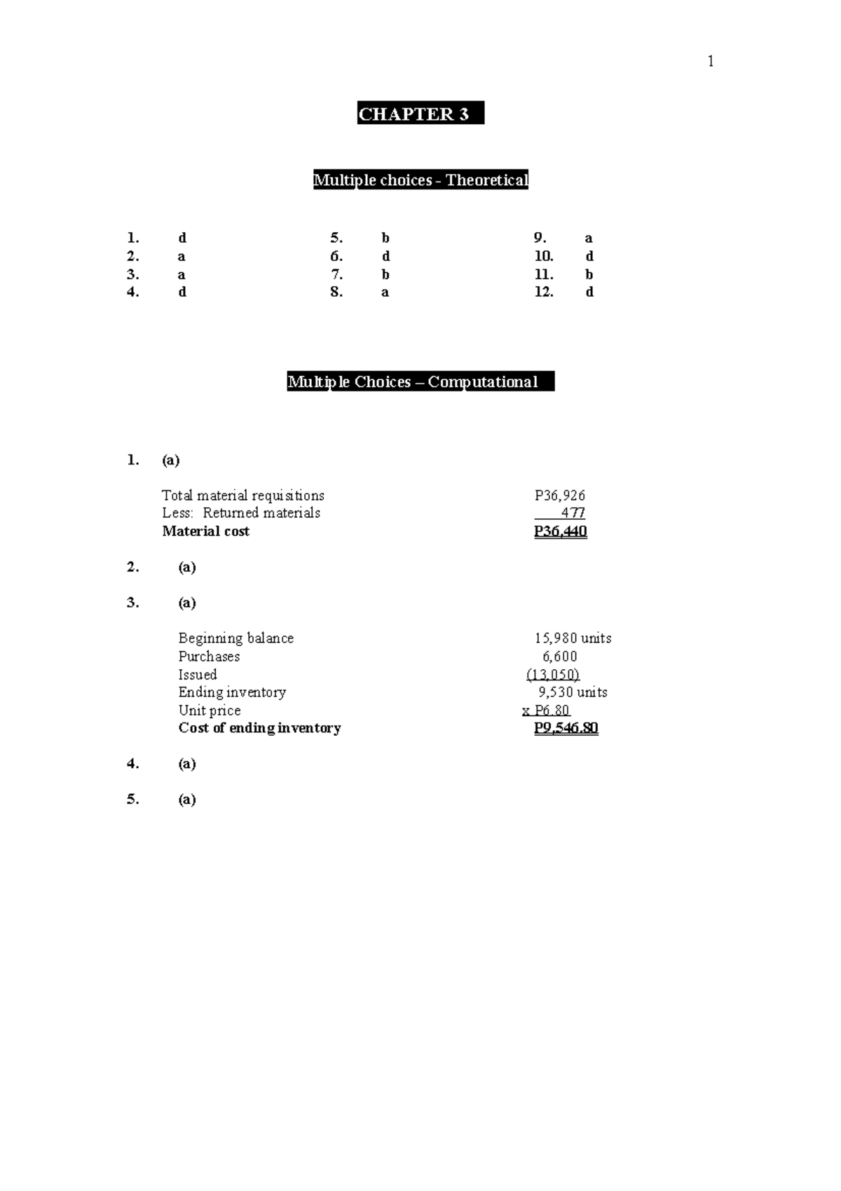 Cost Acc Chapter 3 - CHAPTER 3 Multiple Choices - Theoretical 1. D 5. B ...