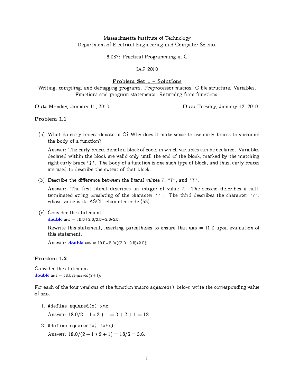 assignment 1 on - Massachusetts Institute of Technology Department of ...