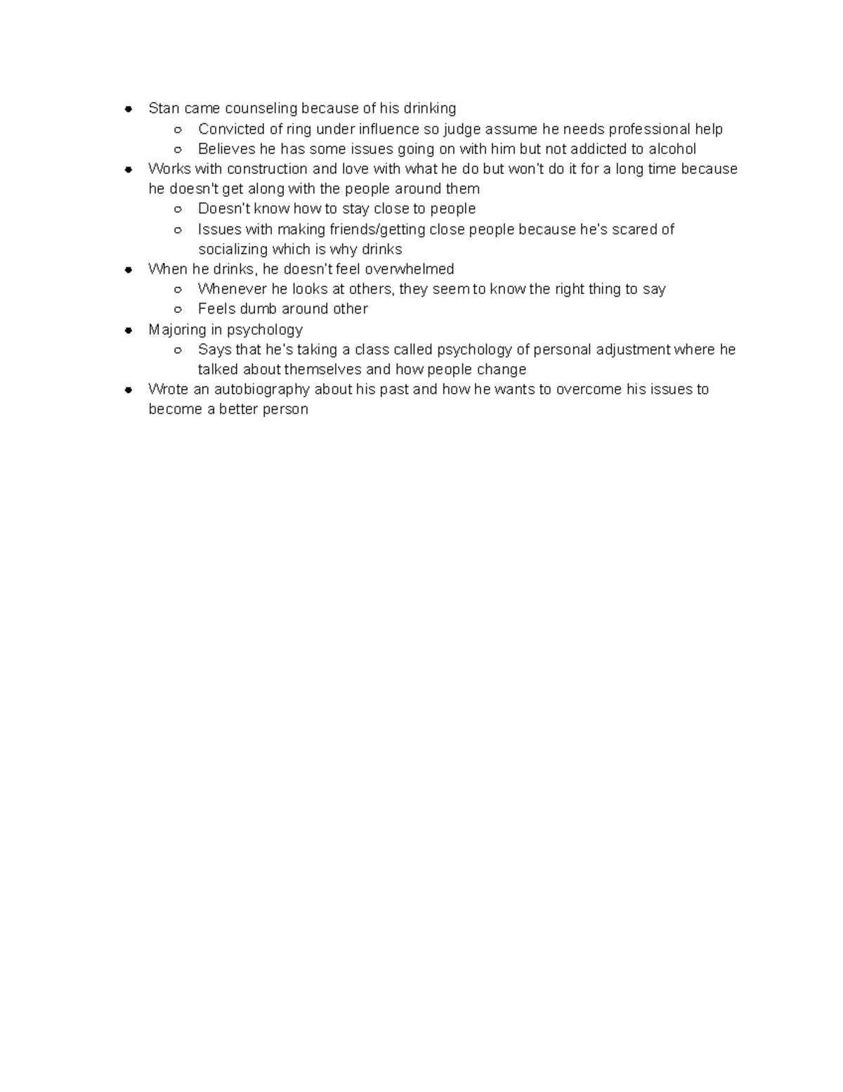 Intro to case of stan - notes from chapter 1 - Stan came counseling ...