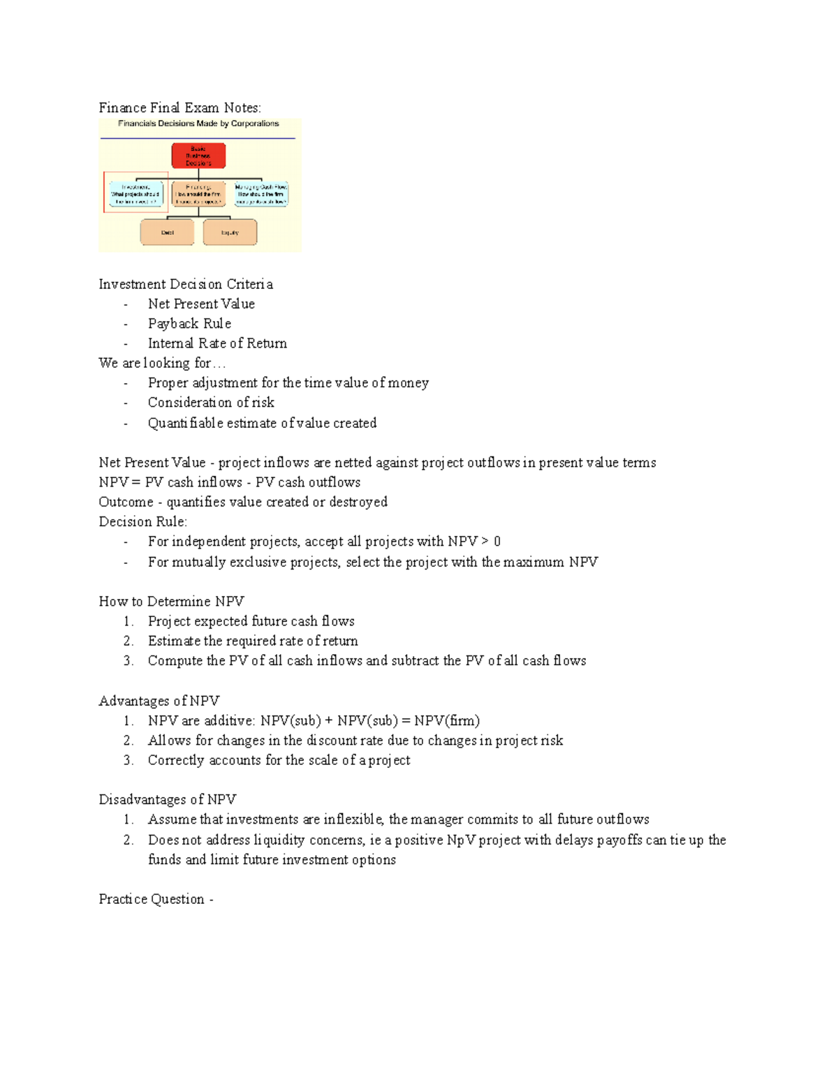 Final Exam Finance Notes Finance Final Exam Notes Investment