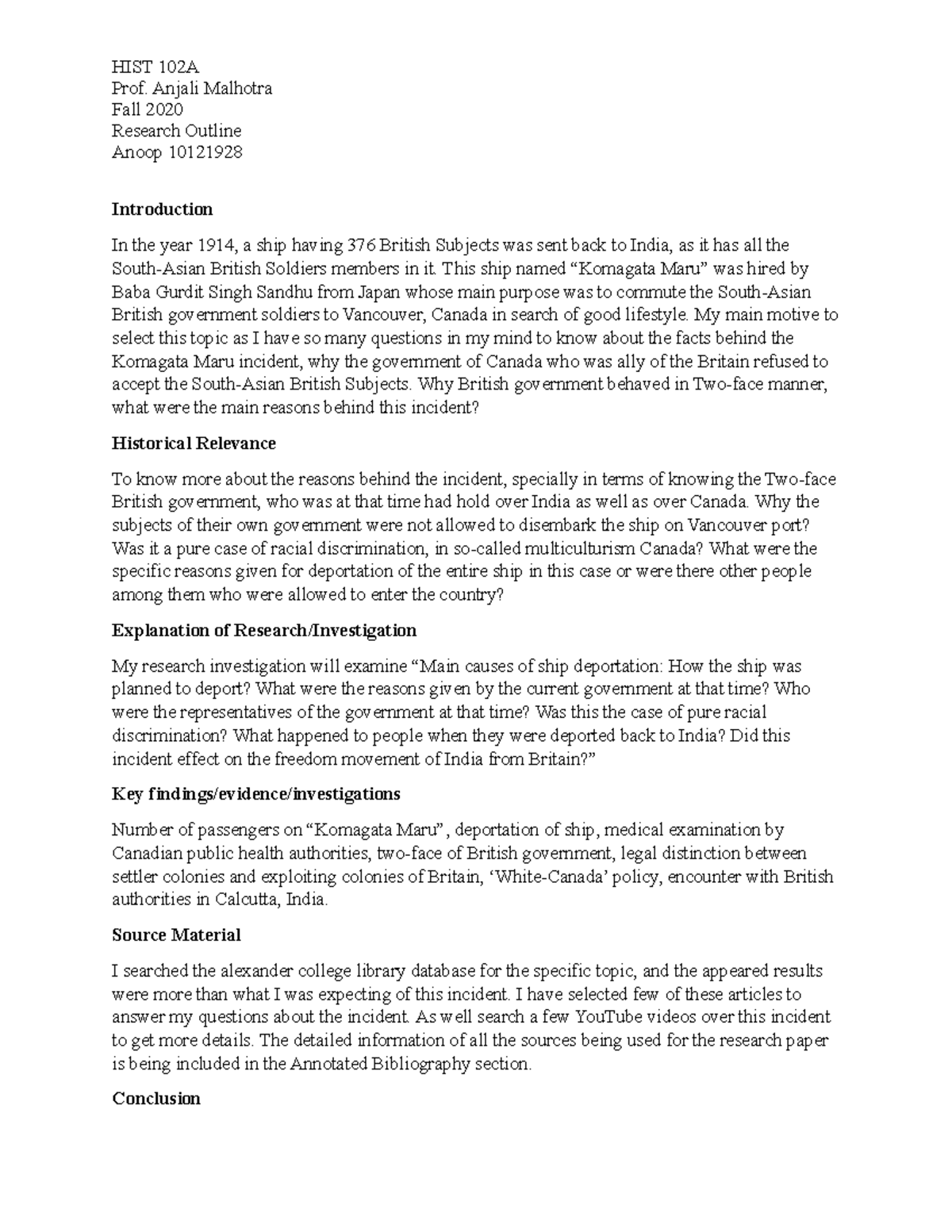 Komagata Maru Research Outline - HIST 102A Prof. Anjali Malhotra Fall ...