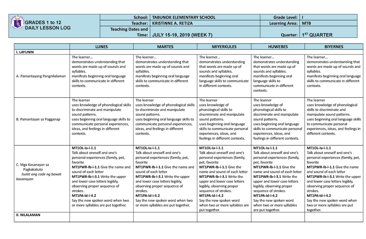 MTB 1 Q1 W7 DLL - to get the following link - GRADES 1 to 12 DAILY ...