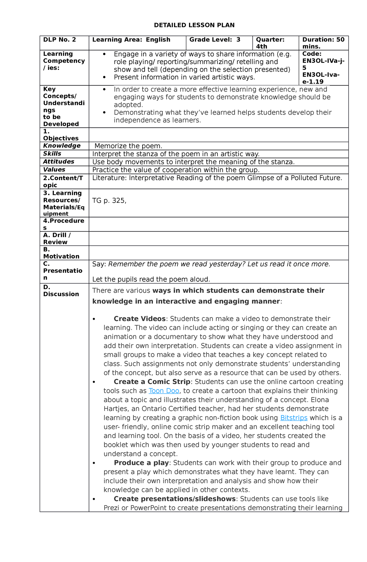 DLP2 - LESSON PLANS - DETAILED LESSON PLAN DLP No. 2 Learning Area ...