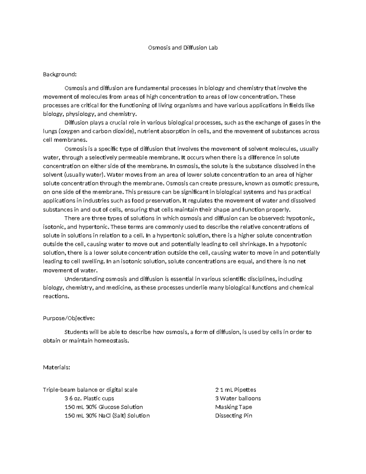 Lab 2 - Osmosis and Diffusion - Osmosis and Diffusion Lab Background ...