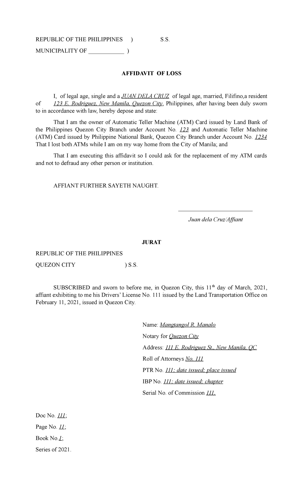 Affidavit Of Loss Template Philippines 7739