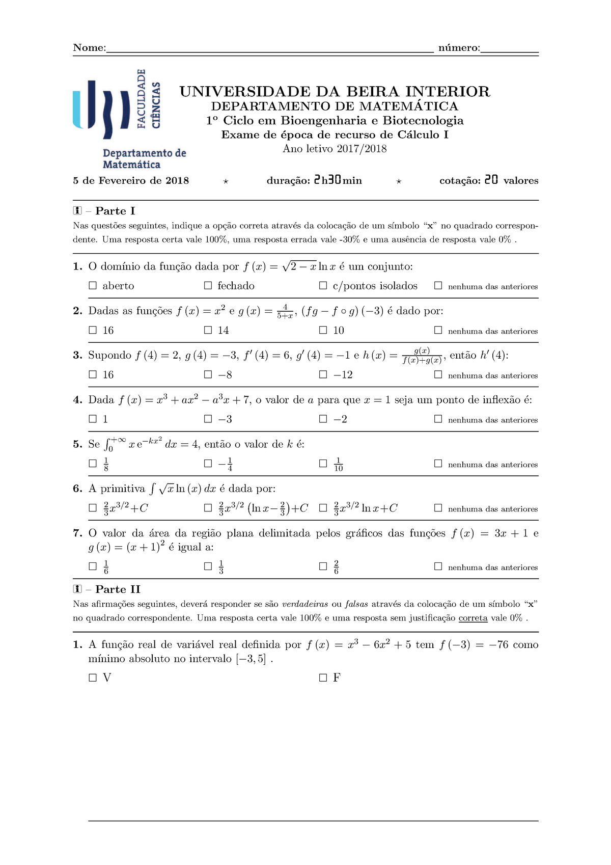 Exame Ep Recurso Nome N ́umero Universidade Da Beira Interior Departamento De Matem ́atica 1 5508