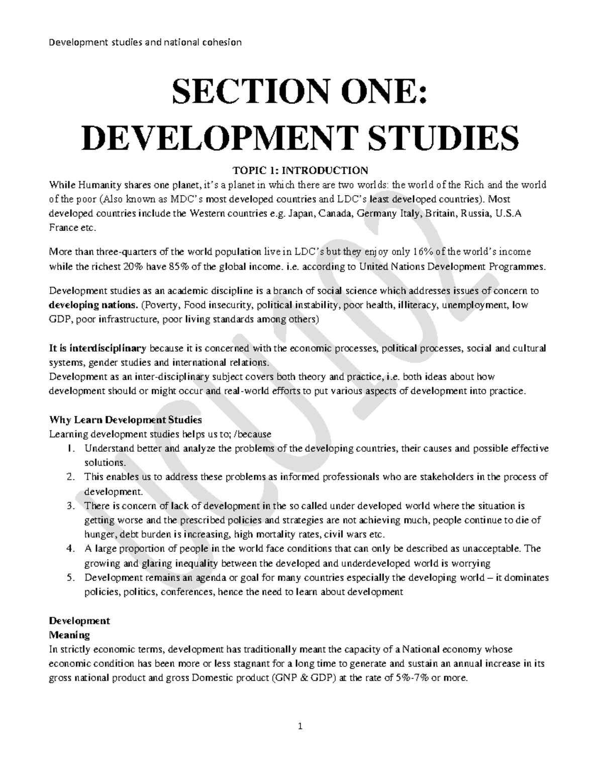 DEV Studies 2020 MAIN - notes - SECTION ONE: DEVELOPMENT STUDIES TOPIC ...