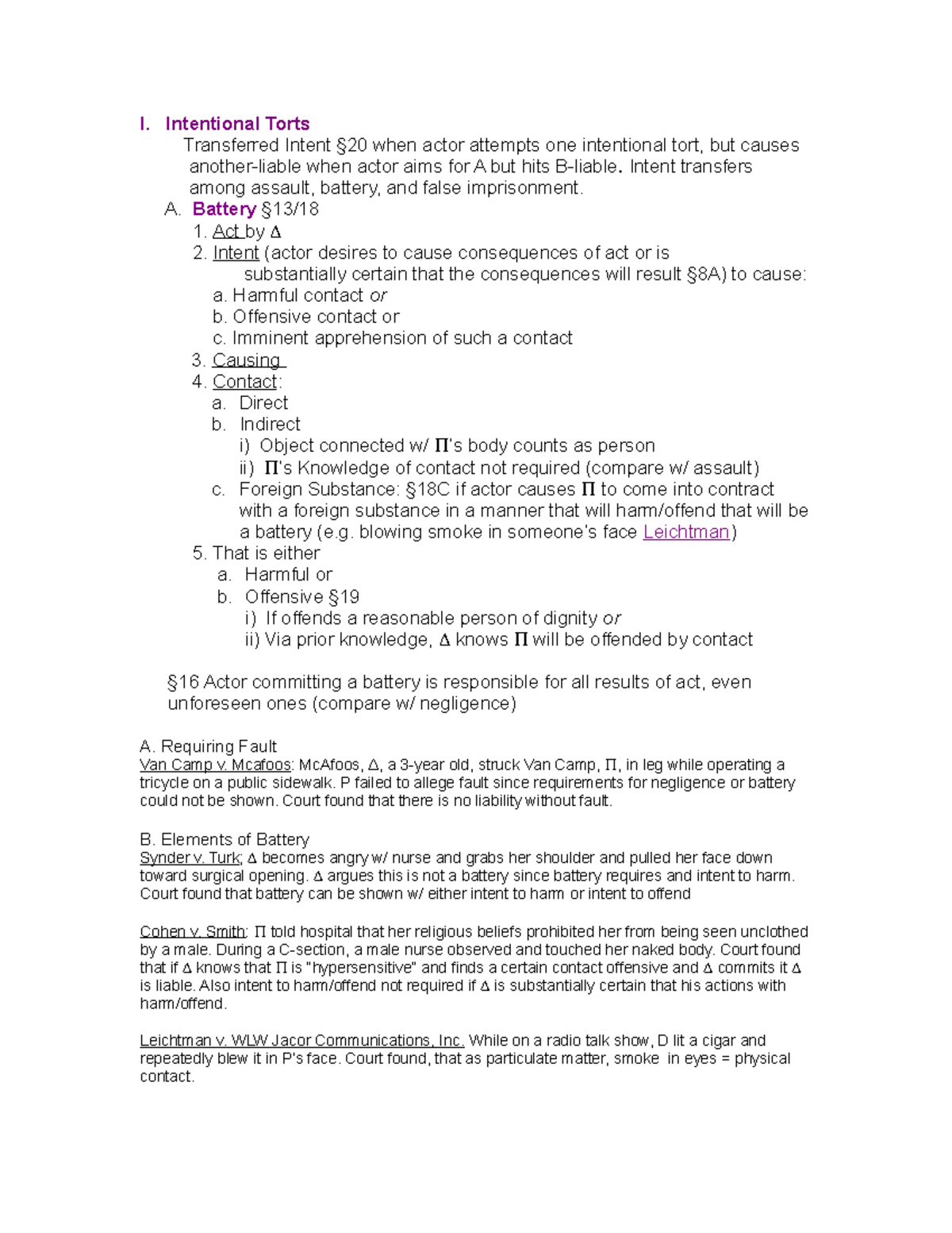 Torts - Schechter - Fall 2003 - I. Intentional Torts Transferred Intent ...