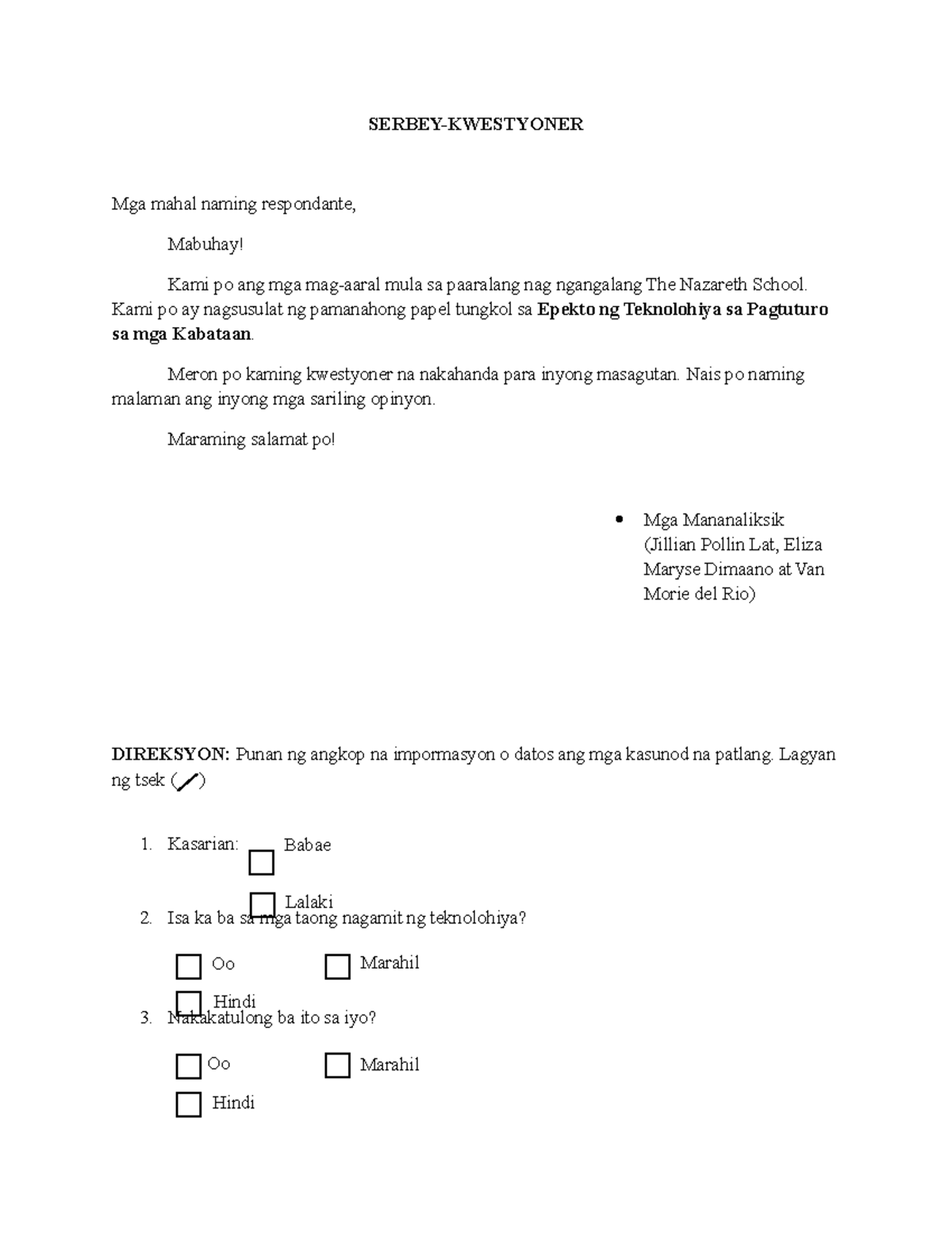 Filipino References - SERBEY-KWESTYONER Mga mahal naming respondante ...