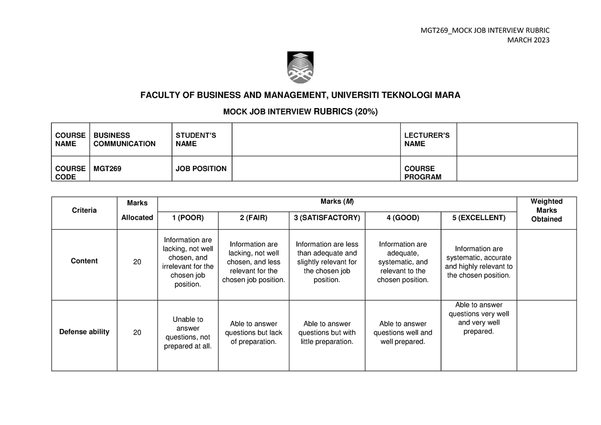 Rubric JOB Interview Business Communication UiTM Studocu   Thumb 1200 849 