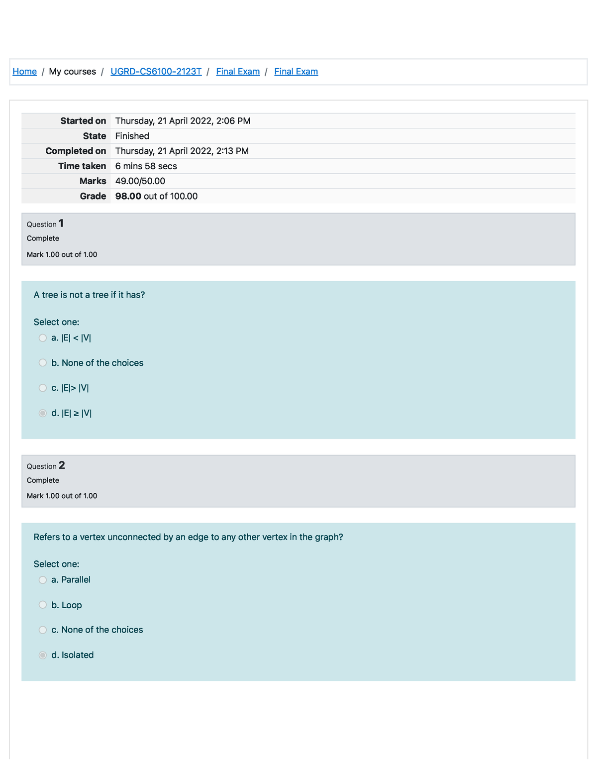 Final Exam Attempt review 49:50 - Home / My courses / UGRD-CS6100-2123T ...