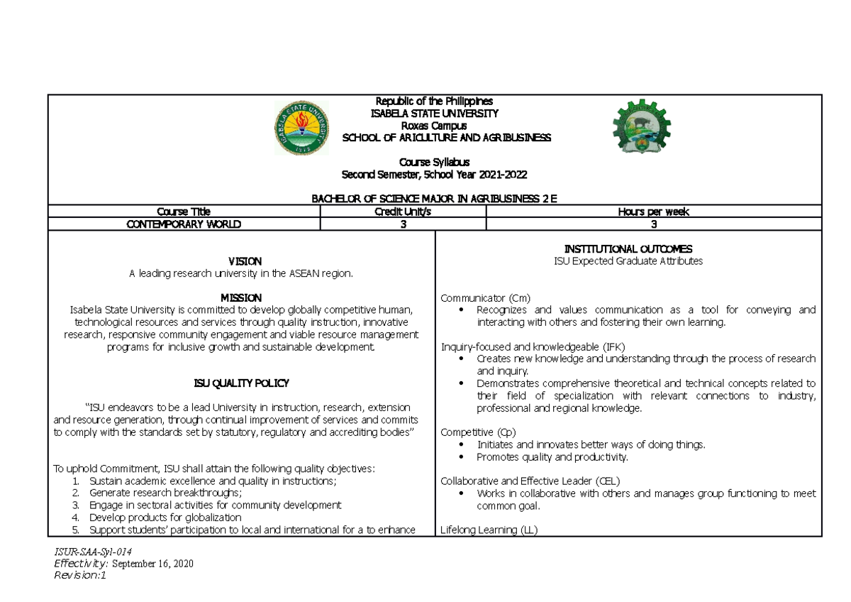 Syllabus Gec 8 The Contemporary World - Republic Of The Philippines 