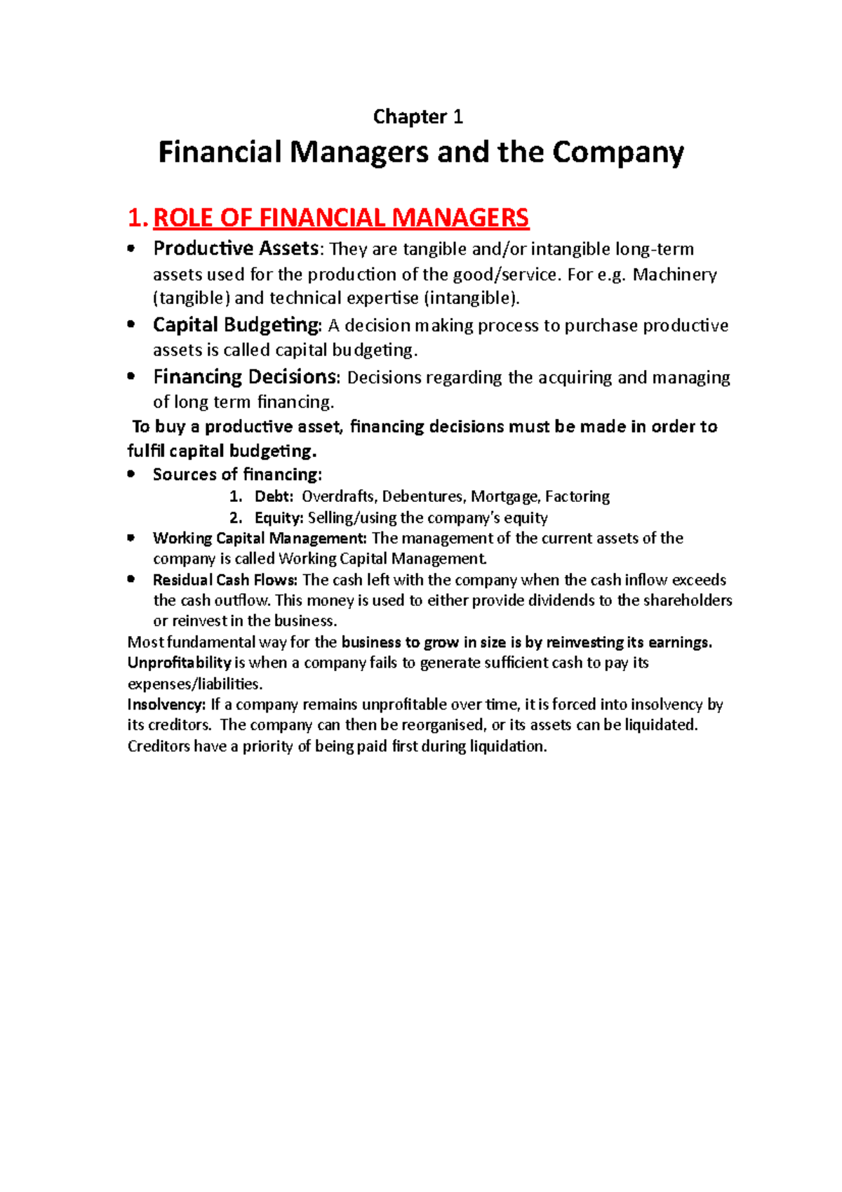 Chapter 1 Notes - Chapter 1 Financial Managers And The Company 1. ROLE ...