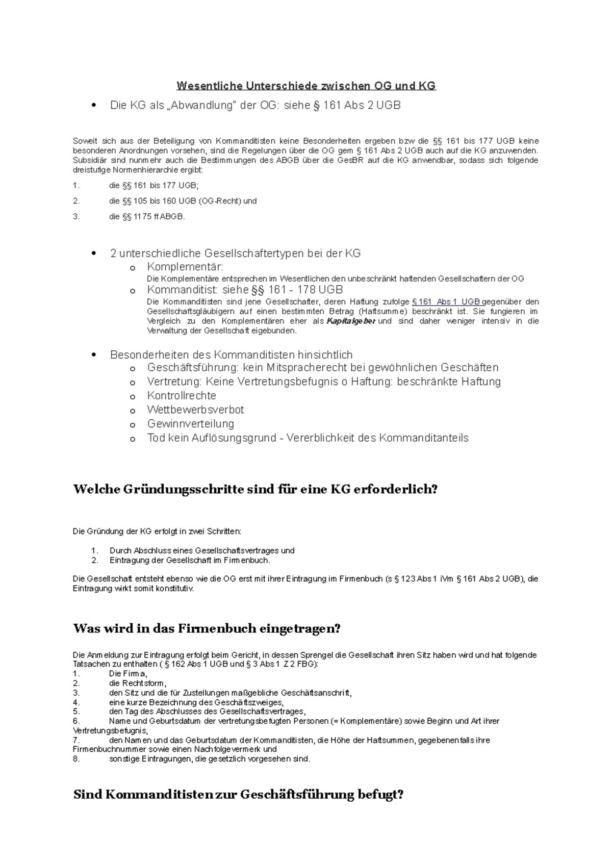 Wesentliche Unterschiede zwischen OG und KG - Subsidiär sind nunmehr