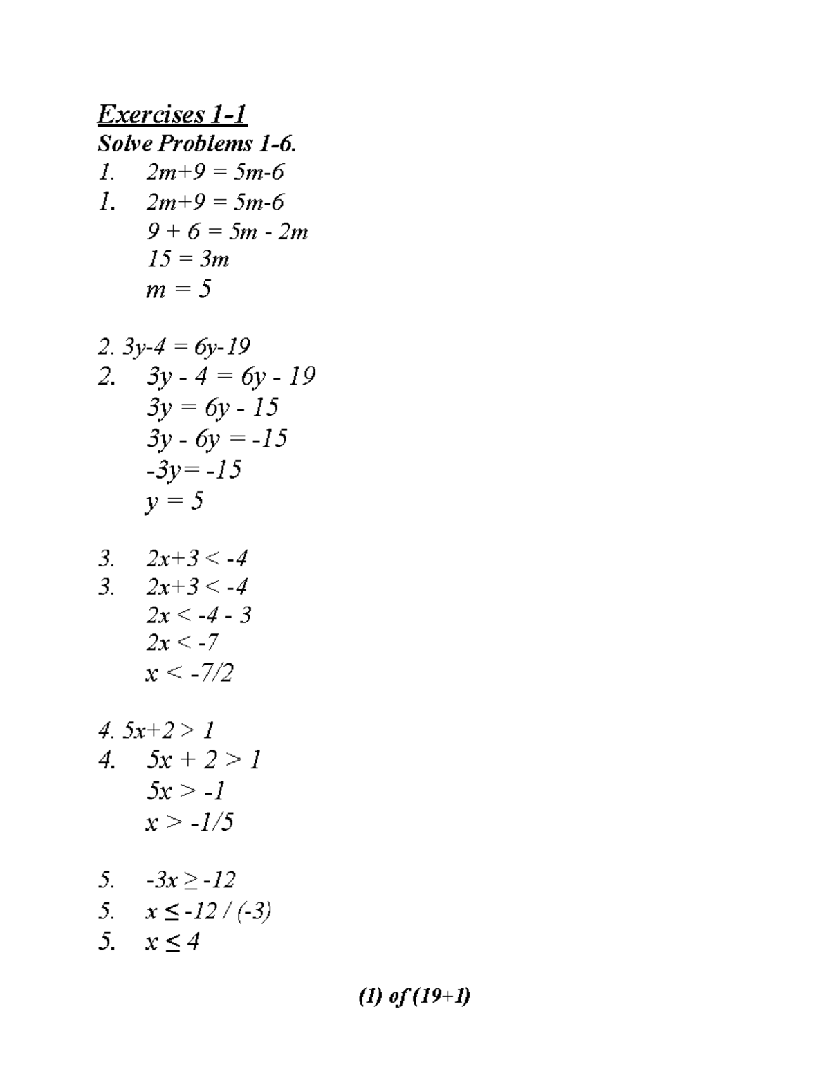1 Exercises 1 1 Answers - mmmmmm - Solve Problems 1-6. 9 + 6 = 5m - 2m ...