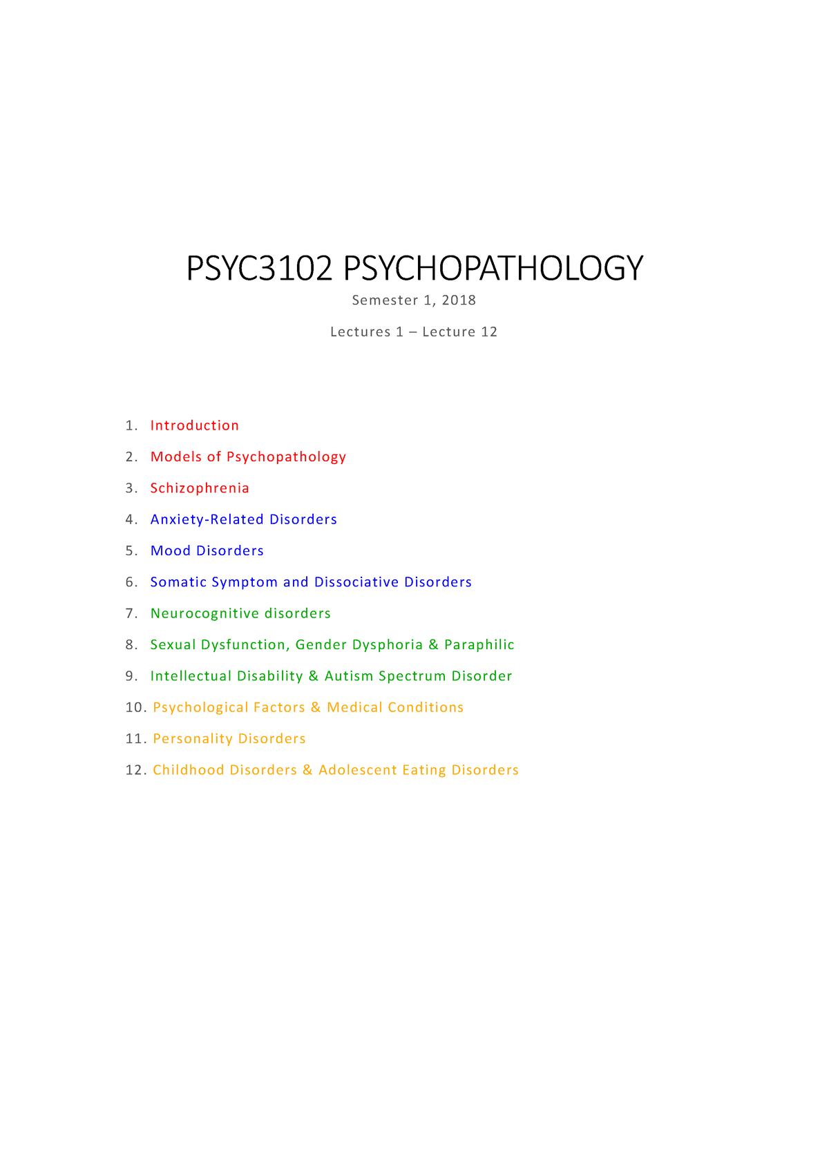 25103-sample - notes - PSYC3102 PSYCHOPATHOLOGY Sem ester 1 , 2 0 18 L ...