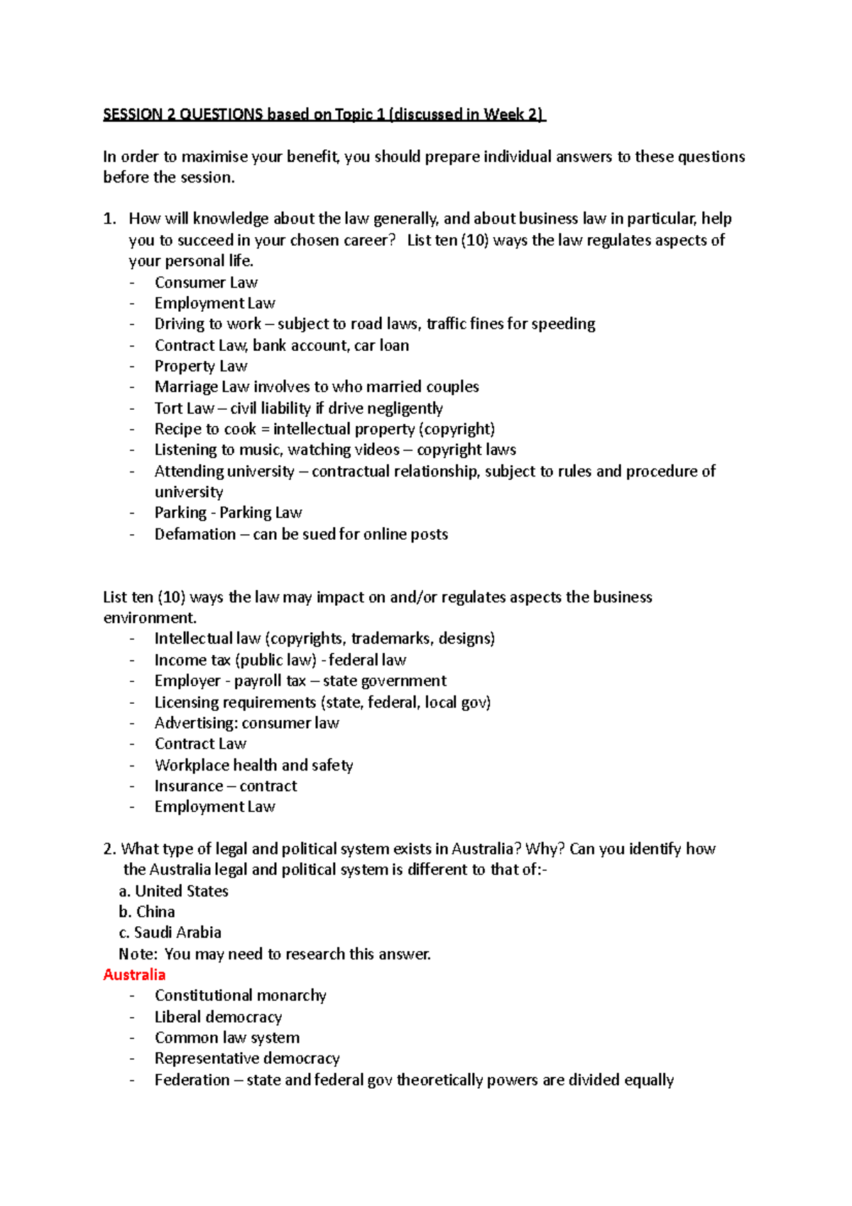 Week 2 Session Questions - SESSION 2 QUESTIONS based on Topic 1 ...