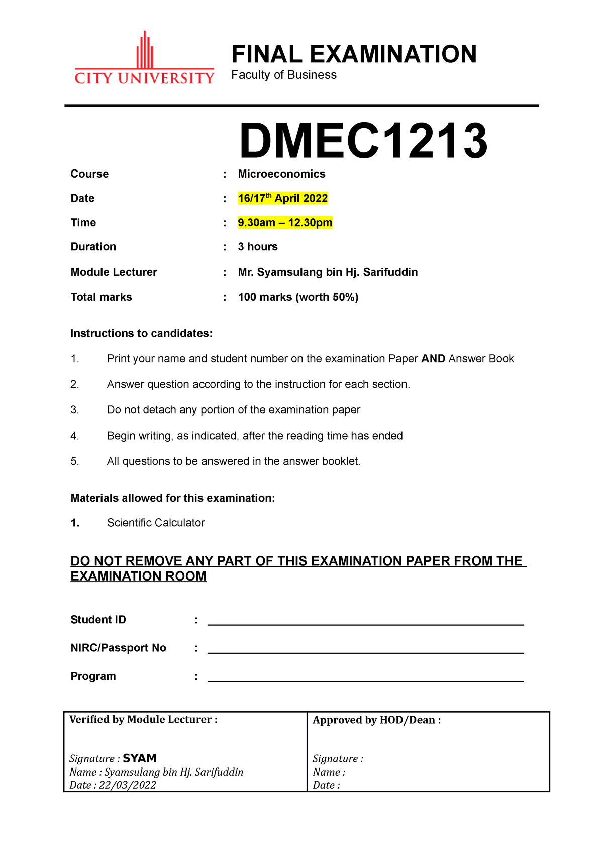 Final EXAM Cover PAGE DMEC1213 - FINAL EXAMINATION Faculty Of Business ...