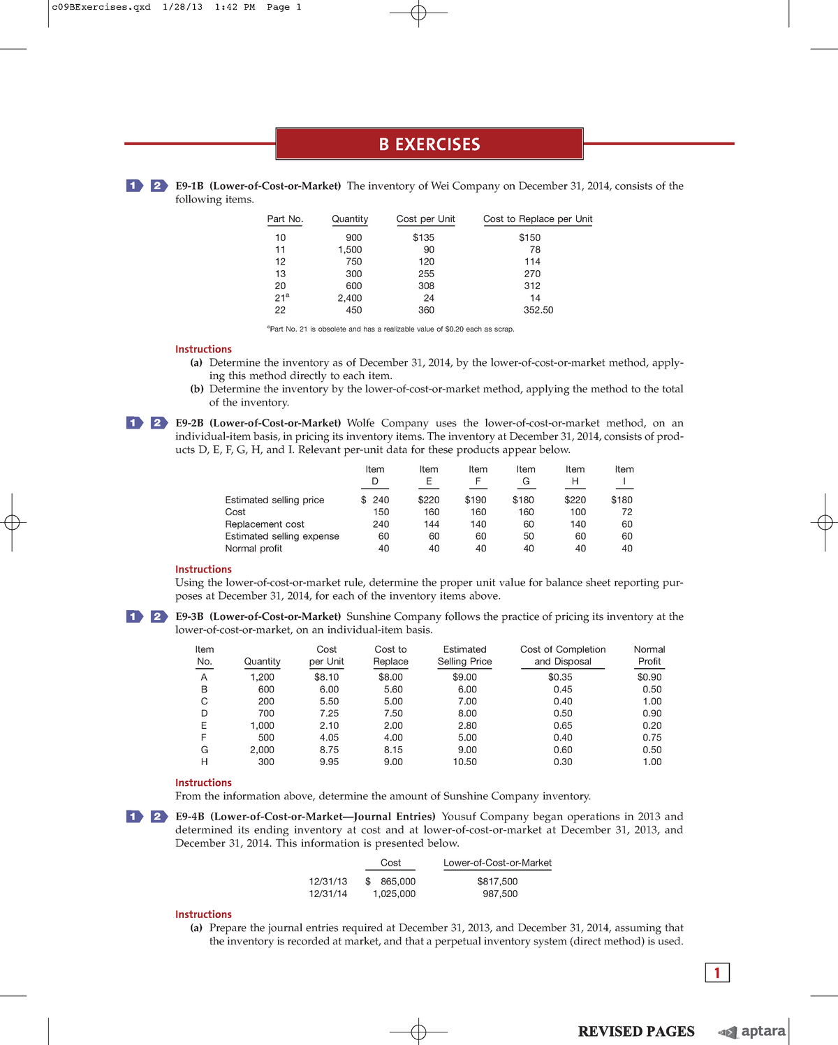 Exercise Intermediate Accounting 15th Kiesoch 09 - E9-1B (Lower-of-Cost ...