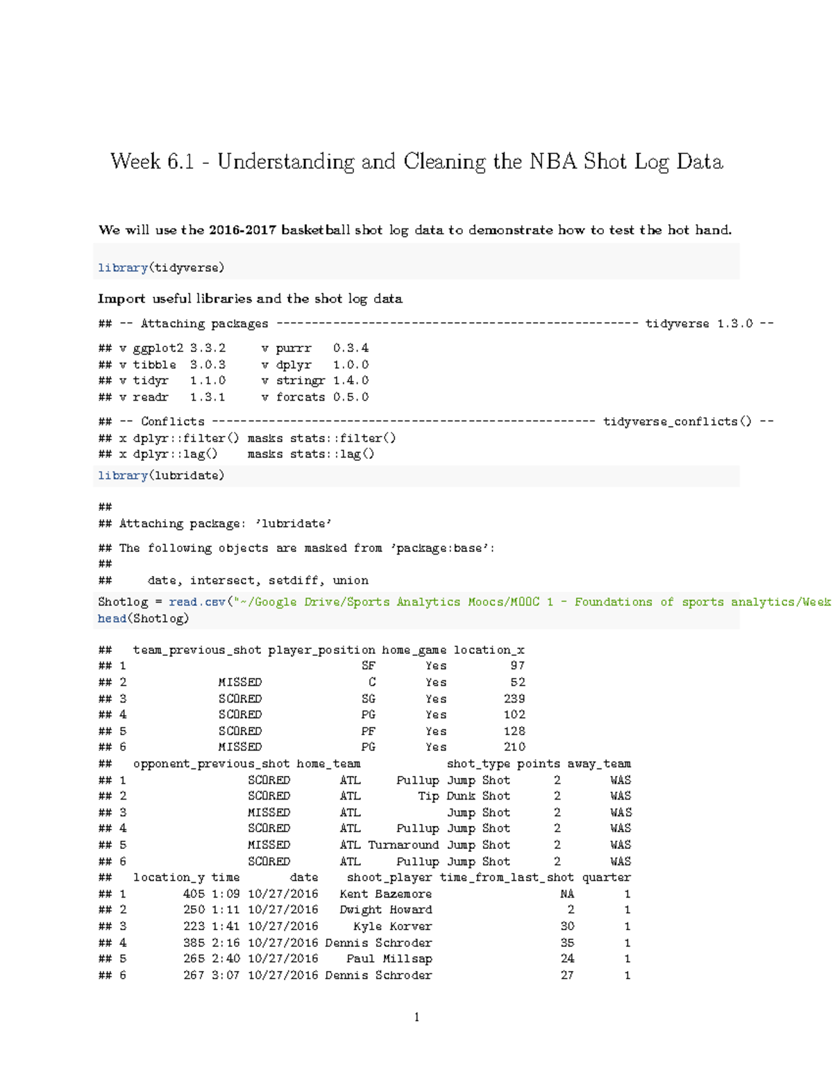 Week6 We will use the 20162017 basketball shot log data to demonstrate how to test Week 6